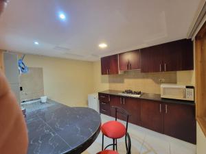 a kitchen with a table and chairs and a microwave at Maria minidepartamento Loja in Loja