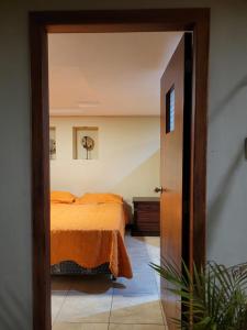 a bedroom with a bed with an open door at Maria minidepartamento Loja in Loja