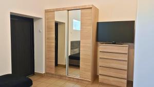 ein Wohnzimmer mit einem Spiegel und einem TV in der Unterkunft Miodowe Apartamenty in Miejsce