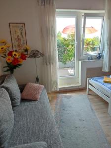 uma sala de estar com um sofá e uma janela em Einzimmerwohnung B und E em Meckenbeuren