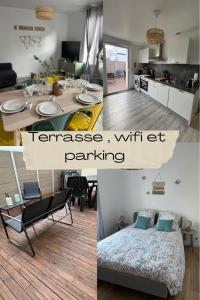 un collage de imágenes de una cocina y una sala de estar en Casa Nella, centre et parking, madamedemconciergerie, en Reims