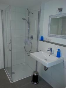 a white bathroom with a shower and a sink at Teck-Apartment in Kirchheim unter Teck