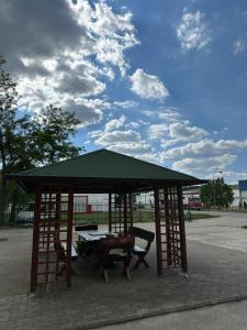 a gazebo with a table and a chair under it at Vila Oaza in Bela Crkva