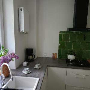 eine Küche mit einem Waschbecken und grünen Wandfliesen in der Unterkunft Augustówka - letnisko na Wrzosowiskach 