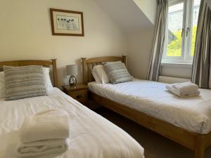 a bedroom with two beds and a window at Damson Cottage - Peaceful location, charming communal orchard & private patio garden in Dittisham