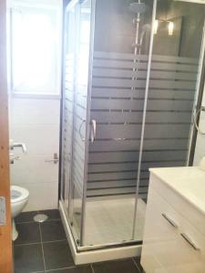 a bathroom with a glass shower with a toilet at 3 bedrooms house with city view and terrace at Sintra 3 km away from the beach in Sintra