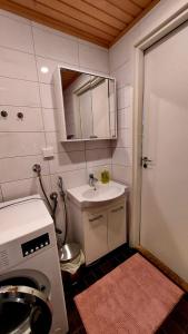 a small bathroom with a sink and a mirror at Lomayksiö C 3 Sotkamon keskustassa in Sotkamo