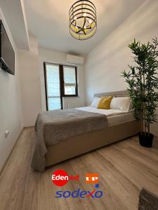 - une chambre avec un lit et une plante en pot dans l'établissement Luxury Studios, à Iaşi
