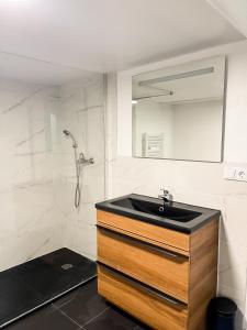 een badkamer met een wastafel en een spiegel bij Berchem - Guest House in Bonnevoie
