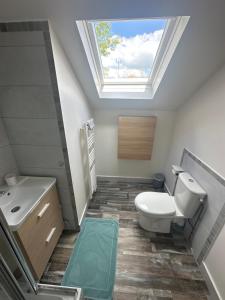 a bathroom with a toilet and a sink and a skylight at Appartement Tremblay en France in Tremblay-En-France