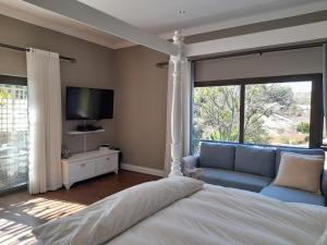 ein Schlafzimmer mit einem Bett, einem TV und einem Sofa in der Unterkunft Safari Villa Botique Hotel in Windhoek