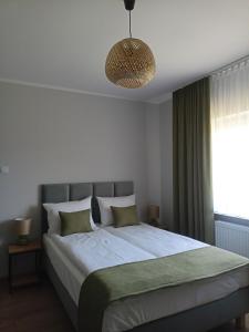 sypialnia z dużym łóżkiem i dużym oknem w obiekcie Flauta Apartamenty Rodzinne w mieście Mielenko