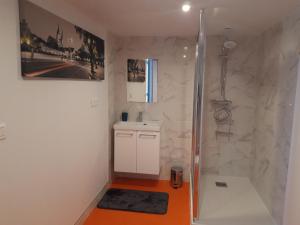 ein Bad mit einer Dusche und einem Waschbecken in der Unterkunft Apartement à Theuville-Baigneaux in Theuville