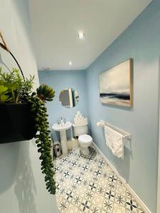 a blue bathroom with a toilet and a sink at Stunning semi-detached townhouse, Holywood, Sleeps 6 - 10 mins from Belfast in Belfast