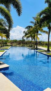 - une grande piscine avec des palmiers dans un complexe dans l'établissement Exclusivo, Moderno y Cómodo Apto temático con hermosa Vista al Mar, à Playa Blanca