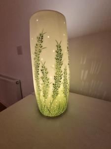 a vase with a plant painted on it on a table at Mill View Cottage at Pheasant Lane in Ráistín +16 photos