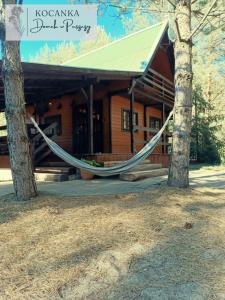 a hammock in front of a log cabin at Domek w Puszczy ,,Kocanka" in Mężyk