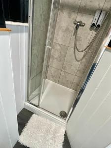 a shower with a glass door in a bathroom at Trinity House Hotel in London