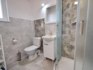 a bathroom with a toilet and a sink and a shower at Ferienhaus für 5 Personen ca 55 qm in Mielno, Ostseeküste Polen in Mielno
