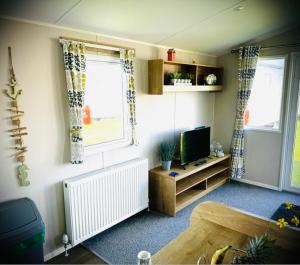 a living room with a television and two windows at Tigh na Mara in Padstow
