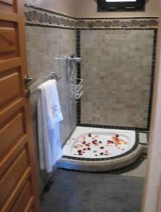 a bathroom with a shower with a toilet with leaves on it at Appart-Oasis Piscine et Terrasses in Marrakesh +14 photos
