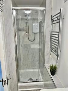 um chuveiro com uma porta de vidro na casa de banho em Cosy Sea front LUXURY Studio Apartment Flat Brighton & Hove em Brighton & Hove