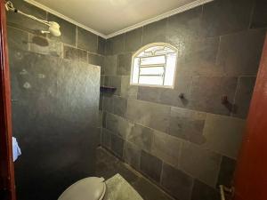uma casa de banho com um chuveiro, um WC e uma janela. em Area de Lazer Completa em Sao Jose do Rio Preto