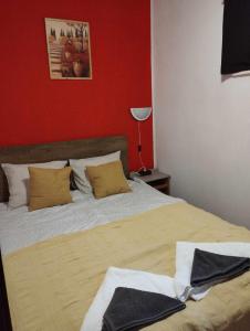 a bed in a bedroom with a red wall at Fig Tree house in Lovas