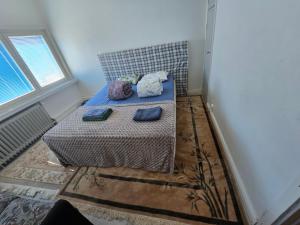 1 dormitorio con 1 cama con 2 almohadas en Centric Cozy entire studio in Kallio, Helsinki, en Helsinki
