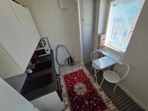 a small kitchen with a table and a rug at Centric Cozy entire studio in Kallio, Helsinki in Helsinki