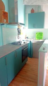 een keuken met blauwe kasten en een fornuis met oven bij Charmant appartement au cœur de la montagne Corse in Zoza