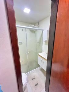 ein Bad mit einer Dusche und einem WC in der Unterkunft LOFT aconchegante no Centro de Macaé, Wifi, Ar condicionado e Cozinha completa in Macaé