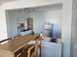 eine Küche mit einem Tisch und Stühlen sowie einem Kühlschrank in der Unterkunft Kuca na reci Sunset Sava in Ostružnica
