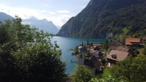 una pequeña ciudad a orillas de un lago con montañas en Rosenhof Bauen en Bauen