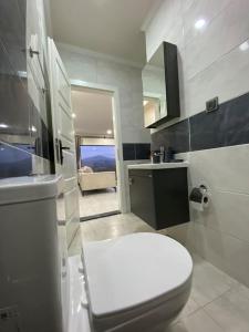 a bathroom with a white toilet and a sink at Küre Dağları Manzaralı Şömineli ve Bahçeli Villa 