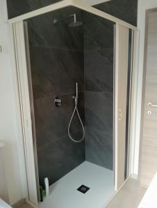 La salle de bains est pourvue d'une douche avec un mur noir. dans l'établissement Lucà Apartments, à Saluces