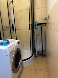 a washing machine in a bathroom with a shower at Travel House Wroclaw in Wrocław