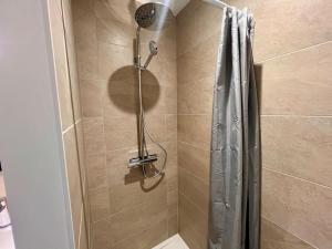 a shower with a shower curtain in a bathroom at Appart Climatisé 4prsn Proche Chateaufarine in Grandfontaine +14 photos