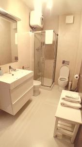 a bathroom with a shower and a sink and a toilet at Angelina Urban Lodge in Tolentino
