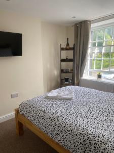 een slaapkamer met een bed, een tv en een raam bij Prince of wales accommodation in Llangollen