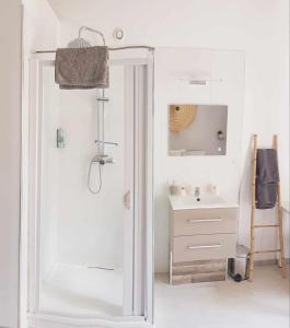 baño blanco con ducha y lavamanos en La Villa Du Menhir, en Bize-Minervois