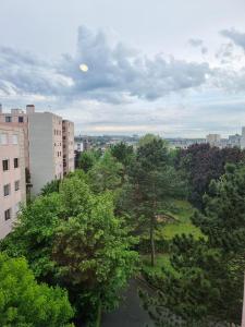 Blick auf einen Park mit Bäumen und Gebäuden in der Unterkunft Grand appartement 3 chambres Disney - Paris - 82m2 in Neuilly-sur-Marne
