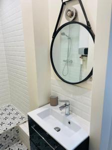 a bathroom with a sink and a mirror at Charming & cocooning flat - Canal de l’Ourq in Pantin