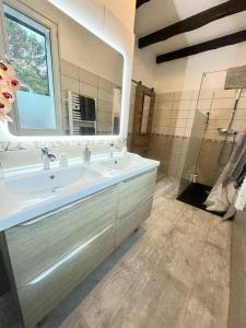 bagno con grande lavandino e specchio di La Villa du Menhir Gîte a Bize-Minervois