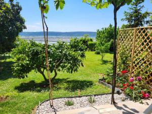 a garden with a view of the ocean at Apartment Salt Pans view in Portorož