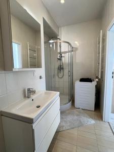 baño blanco con ducha y lavamanos en Apartment Wilanow Branickiego, en Varsovia