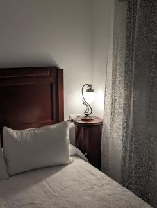 1 dormitorio con 1 cama y 1 lámpara en una mesa en Alojamiento 13 Jotas, en Iniesta