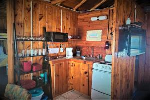 a kitchen with wooden walls and a stove and a sink at Lake Huron - Super Cute Lake Front Cabin (Sleeps 5) in Oscoda