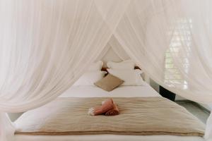 a bed with white curtains and a stuffed animal on it at Habitation TABANON in Petit-Bourg