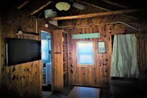 a living room with a television and a wooden wall at Lake Huron - 1 Bedroom, 1 Bath Lake Front Cabin (Sleeps 4) in Oscoda